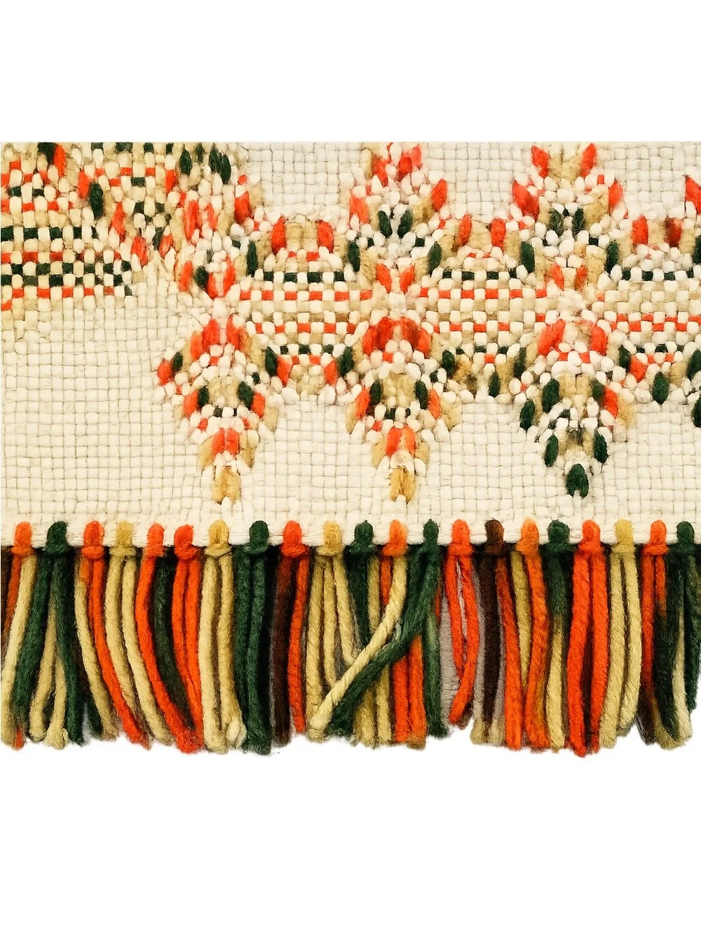 70s Embroidered Chevron Throw  Green, Orange, Gold Fringe Sofa Hanging Vintage